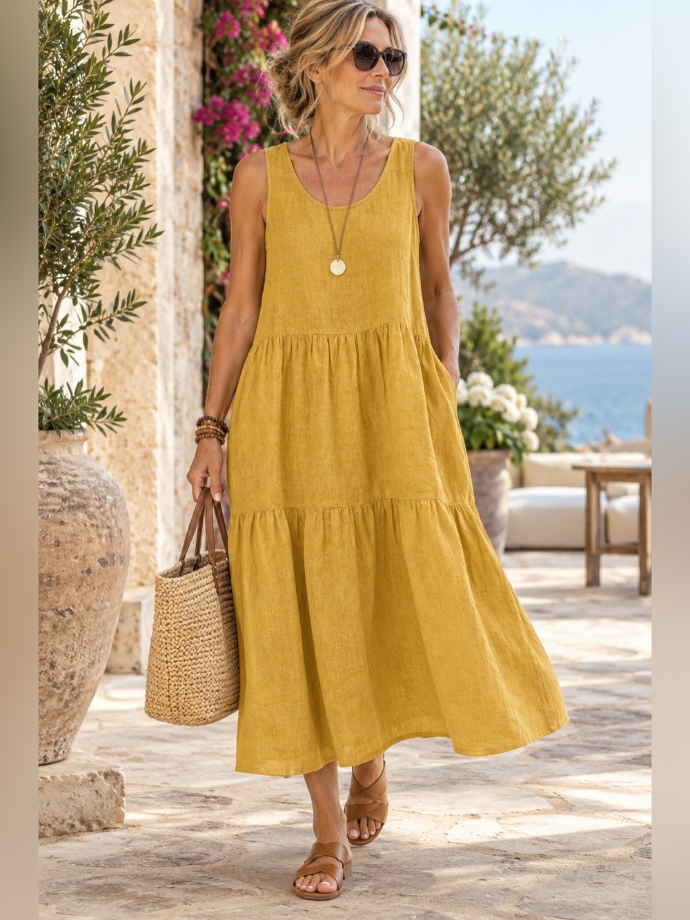 Eileen Fisher Marigold Organic Linen Tiered Dress SP